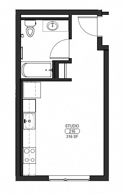 Floor plan for studio, 1 bath, 285 sqft